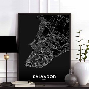 Póster de mapa de SALVADOR Brasil en blanco y negro, ciudad natal, impresión moderna, decoración del hogar, decoración de la oficina, arte de pared, dormitorio, regalo