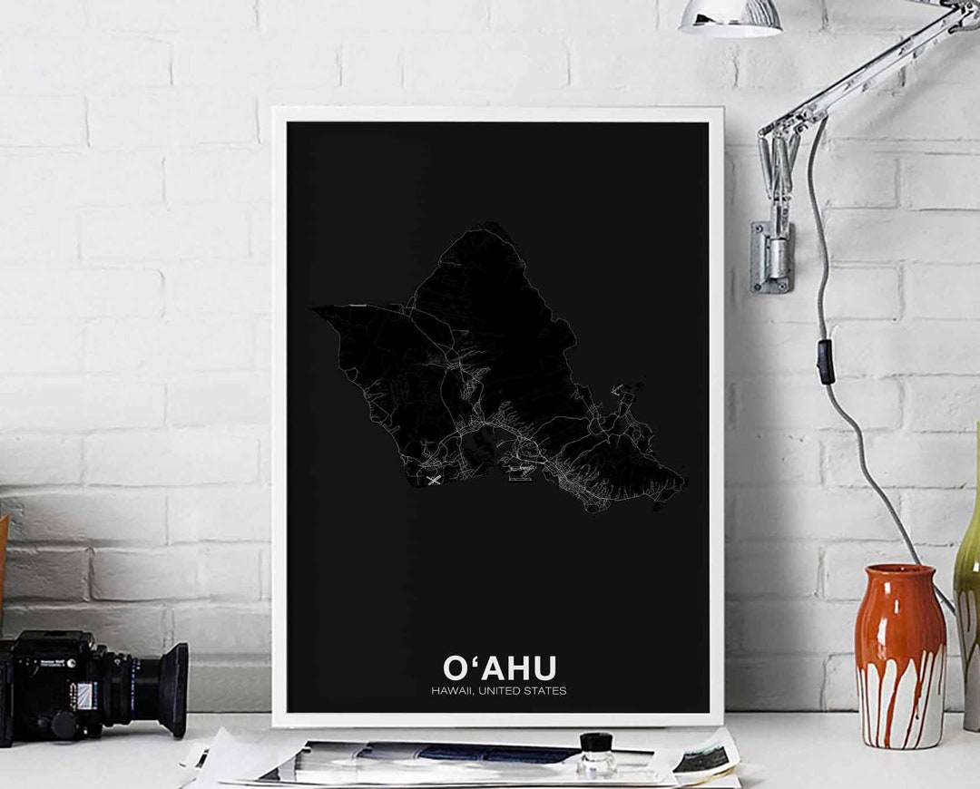 OAHU Island Hawaii HI USA Map Poster Black White Hometown City Print ...