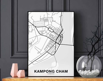 KAMPONG CHAM Cambodia map poster black white Hometown City Print Modern Home Decor Office Decoration Wall Art Dorm Bedroom Gift