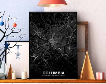 COLUMBIA South Carolina SC USA map poster black white Hometown City Print Modern Home Decor Office Decoration Wall Art Dorm Bedroom Gift