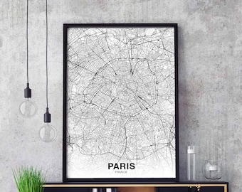 PARIS France map poster black white Hometown City Print Modern Home Decor Office Decoration Wall Art Dorm Bedroom Gift