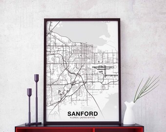 SANFORD Florida FL USA map poster black white Hometown City Print Modern Home Decor Office Decoration Wall Art Dorm Bedroom Gift