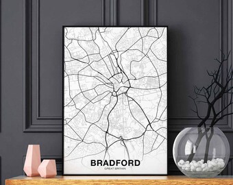 BRADFORD Great Britain UK map poster black white Hometown City Print Modern Home Decor Office Decoration Wall Art Dorm Bedroom Gift