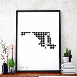 Affiche carte rétro du MARYLAND, États-Unis, noir blanc, décoration murale moderne, scandinave, scandinave, voyage de pendaison de crémaillère