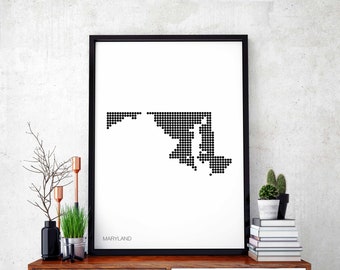 MARYLAND US state minimal dots retro map poster black white wall decor design modern swiss scandinavian nordic housewarming travel