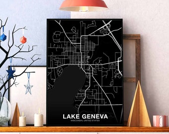 LAKE GENEVA Wisconsin WI usa map poster black white Hometown City Print Modern Home Decor Office Decoration Wall Art Dorm Bedroom Gift