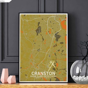 CRANSTON Rhode Island USA carte affiche noir blanc ville natale ville impression moderne décor à la maison bureau décoration mur art dortoir chambre cadeau
