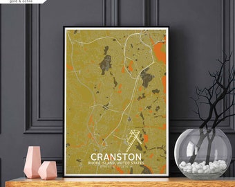 CRANSTON Rhode Island USA map poster black white Hometown City Print Modern Home Decor Office Decoration Wall Art Dorm Bedroom Gift