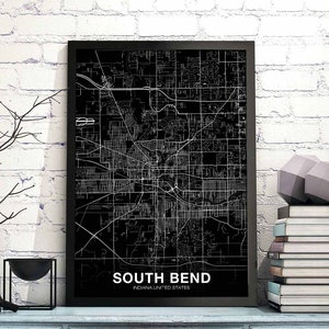 Póster de mapa de SOUTH BEND Indiana, EE. UU., en blanco y negro, impresión de ciudad natal, decoración moderna para el hogar, decoración de oficina, arte de pared, dormitorio, regalo