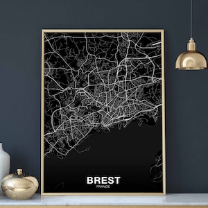 BREST France carte affiche noir blanc ville natale ville impression moderne décor à la maison bureau décoration mur art dortoir chambre cadeau