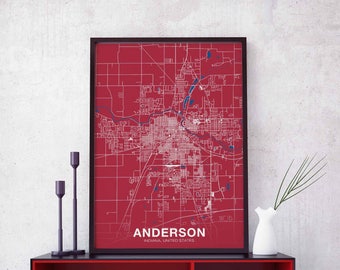 ANDERSON Indiana IN US map poster color Hometown City Print Modern Home Decor Office Decoration Wall Art Dorm Bedroom Gift