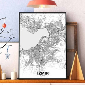 IZMIR turquie carte affiche noir blanc ville natale ville impression moderne décor à la maison bureau décoration mur art dortoir chambre cadeau