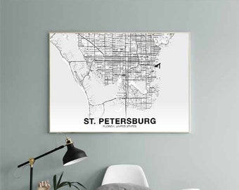 ST PETERSBURG Florida FL usa map poster black white Hometown City Print Modern Home Decor Office Decoration Wall Art Dorm Bedroom Gift