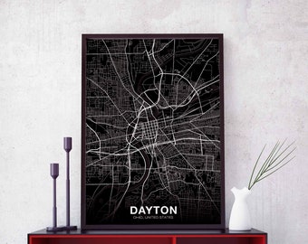 DAYTON Ohio OH USA map poster black white  Hometown City Print Modern Home Decor Office Decoration Wall Art Dorm Bedroom Gift