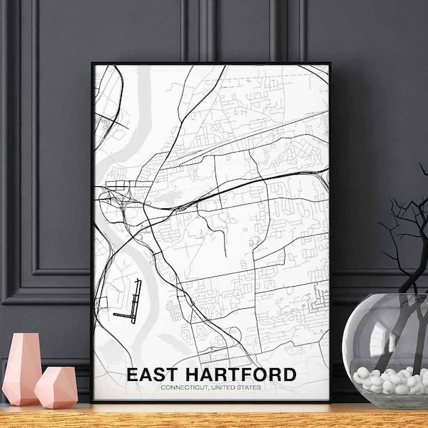 EAST HARTFORD Connecticut CT usa map poster black white Hometown City Print Modern Home Decor Office Decoration Wall Art Dorm Bedroom Gift