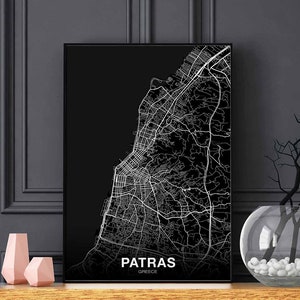Patras Griechenland Karte Poster schwarz weiß Hometown City Print Modernes Wohndekor Büro Dekoration Wand Kunst Wohnheim Schlafzimmer Geschenk