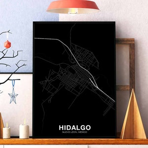 HIDALGO mexique carte affiche noir blanc ville natale ville impression moderne décor à la maison bureau décoration mur art dortoir chambre cadeau