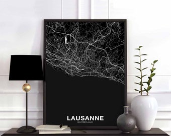 LAUSANNE Switzerland map poster black white Hometown City Print Modern Home Decor Office Decoration Wall Art Dorm Bedroom Gift