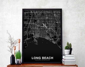 LONG BEACH California CA usa map poster black white Hometown City Print Modern Home Decor Office Decoration Wall Art Dorm Bedroom Gift