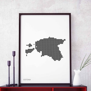 ESTONIE, affiche de carte rétro à pois, noir et blanc, décoration murale moderne, scandinave, scandinave, voyage de pendaison de crémaillère