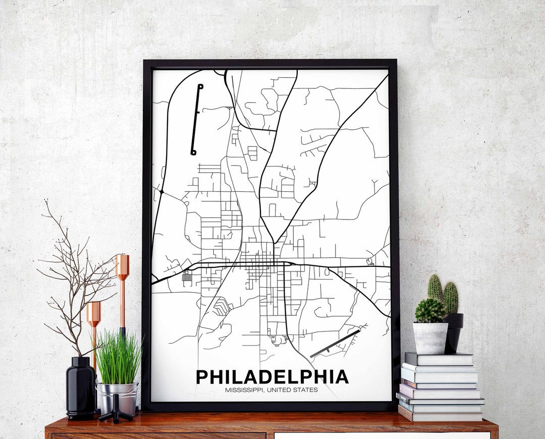 Philadelphia Ms PHILADELPHIA Mississippi MS USA Map Poster Black White Hometown City ...
