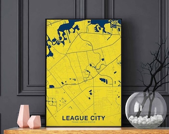 LEAGUE CITY Texas TX usa map poster color Hometown City Print Modern Home Decor Office Decoration Wall Art Dorm Bedroom Gift