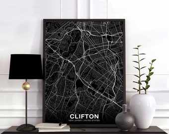 CLIFTON New Jersey NJ USA map poster black white Hometown City Print Modern Home Decor Office Decoration Wall Art Dorm Bedroom Gift