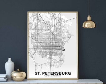 ST PETERSBURG Florida USA map poster black white Hometown City Print Modern Home Decor Office Decoration Wall Art Dorm Bedroom Gift