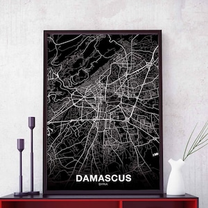 DAMASKUS Syrien Karte Poster schwarz weiß Heimatstadt Stadt Print Moderne Wohnkultur Büro Dekoration Wand Kunst Wohnheim Schlafzimmer Geschenk