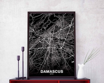DAMASCUS  Syria map poster black white Hometown City Print Modern Home Decor Office Decoration Wall Art Dorm Bedroom Gift