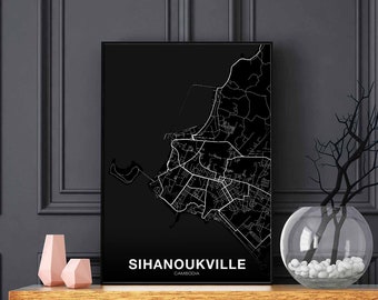 SIHANOUKVILLE Cambodia map poster black white Hometown City Print Modern Home Decor Office Decoration Wall Art Dorm Bedroom Gift