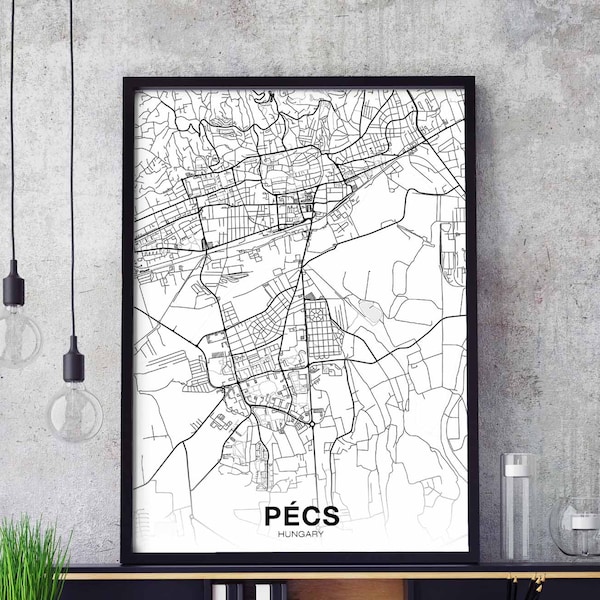 PECS Hungría mapa póster negro blanco Ciudad natal Imprimir Decoración moderna Decoración del hogar Decoración de la oficina Pared Arte Dormitorio Dormitorio Regalo