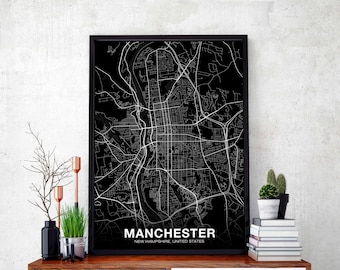 MANCHESTER New Hampshire NH USA map poster black white Hometown City Print Modern Home Decor Office Decoration Wall Art Dorm Bedroom Gift