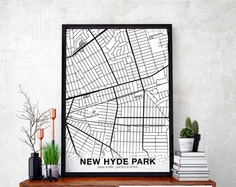 NEW HYDE PARK New York ny us map poster black white Hometown City Print Modern Home Decor Office Decoration Wall Art Dorm Bedroom Gift