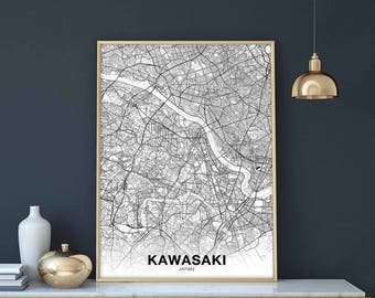 KAWASAKI Japan map poster black white Hometown City Print Modern Home Decor Office Decoration Wall Art Dorm Bedroom Gift