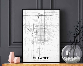 SHAWNEE Oklahoma OK usa map poster black white Hometown City Print Modern Home Decor Office Decoration Wall Art Dorm Bedroom Gift