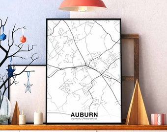AUBURN Georgia GA US map poster black white Hometown City Print Modern Home Decor Office Decoration Wall Art Dorm Bedroom Gift
