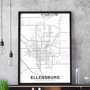 ELLENSBURG Washington WA VS kaart poster zwart wit woonplaats stad print modern interieur kantoordecoratie muur kunst slaapzaal slaapkamer cadeau