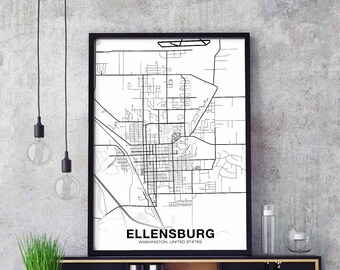 ELLENSBURG Washington WA USA map poster black white Hometown City Print Modern Home Decor Office Decoration Wall Art Dorm Bedroom Gift
