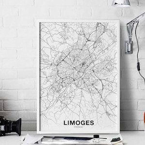 LIMOGES France carte affiche noir blanc ville natale ville impression moderne décor à la maison bureau décoration mur art dortoir chambre cadeau
