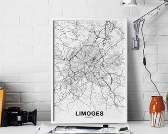 LIMOGES France map poster black white Hometown City Print Modern Home Decor Office Decoration Wall Art Dorm Bedroom Gift