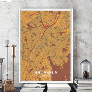 BRUXELLES belgique affiche de carte noir blanc ville natale ville impression moderne décor à la maison bureau décoration mur art dortoir chambre cadeau