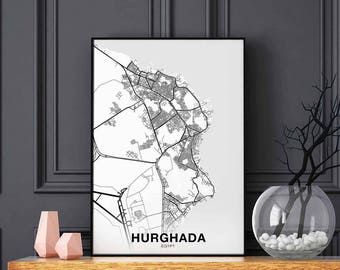 HURGHADA Egypt map poster black white Hometown City Print Modern Home Decor Office Decoration Wall Art Dorm Bedroom Gift