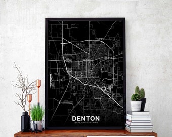 DENTON Texas TX USA map poster black white Hometown City Print Modern Home Decor Office Decoration Wall Art Dorm Bedroom Gift