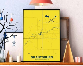 GRANTSBURG Wisconsin WI US map poster color Hometown City Print Modern Home Decor Office Decoration Wall Art Dorm Bedroom Gift