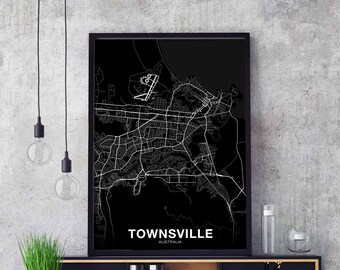 TOWNSVILLE Australia map poster black white Hometown City Print Modern Home Decor Office Decoration Wall Art Dorm Bedroom Gift