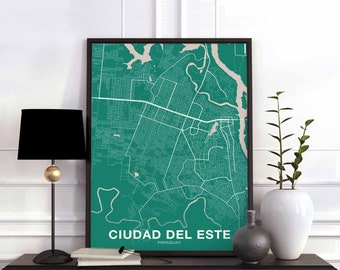 CIUDAD DEL ESTE Paraguay map poster color Hometown City Print Modern Home Decor Office Decoration Wall Art Dorm Bedroom Gift