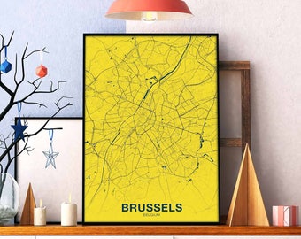 BRUSSELS Bruxelles Belgium Belgique map poster color Hometown City Print Modern Home Decor Office Decoration Wall Art Dorm Bedroom Gift