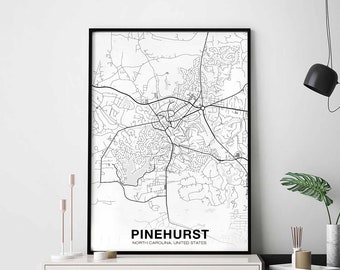 PINEHURST North Carolina NC USA map poster black white Hometown City Print Modern Home Decor Office Decoration Wall Art Dorm Bedroom Gift