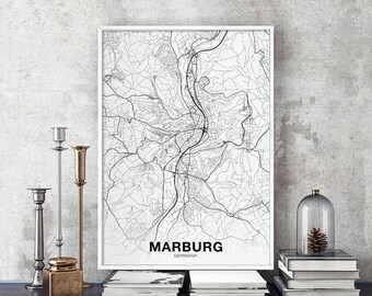 MARBURG Germany map poster black white Hometown City Print Modern Home Decor Office Decoration Wall Art Dorm Bedroom Gift
